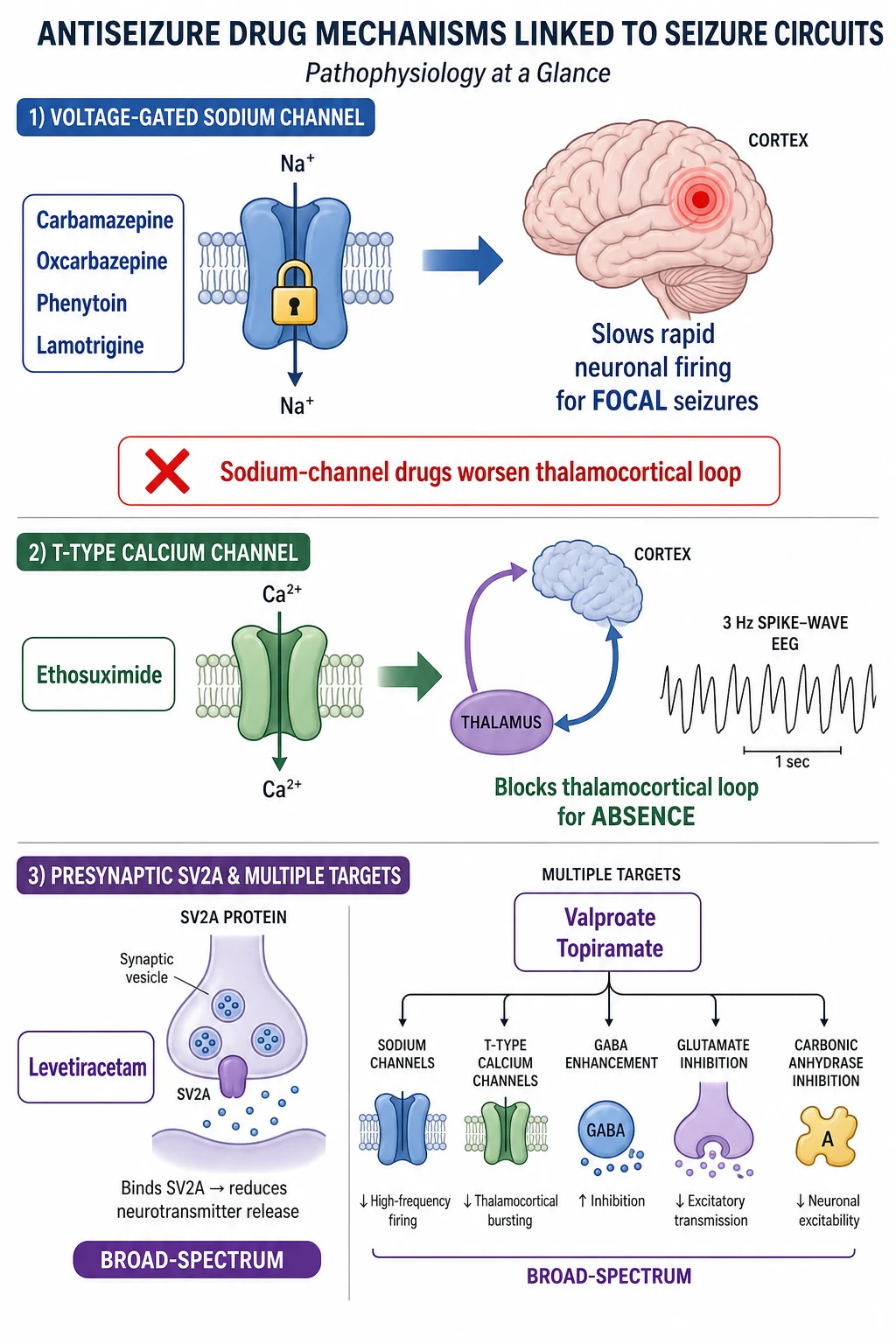 Three-tier vertical cascade linking drug mechanism to seizure circuit. Top tier shows a voltage-gated sodium channel with a padlock symbol and four drug labels: carbamazepine, oxcarbazepine, phenytoin, lamotrigine, with an arrow down to a cortical focus and the text slows rapid neuronal firing for focal seizures. Middle tier shows a T-type calcium channel with ethosuximide label and an arrow to a thalamus-to-cortex loop with a three-hertz spike-wave trace and the text blocks the thalamocortical oscillation for absence. Bottom tier shows an SV2A synaptic vesicle with levetiracetam label and a broad-spectrum badge, plus a multi-target panel with valproate and topiramate. A red cross overlay on the top tier reads sodium-channel drugs worsen the thalamocortical loop.