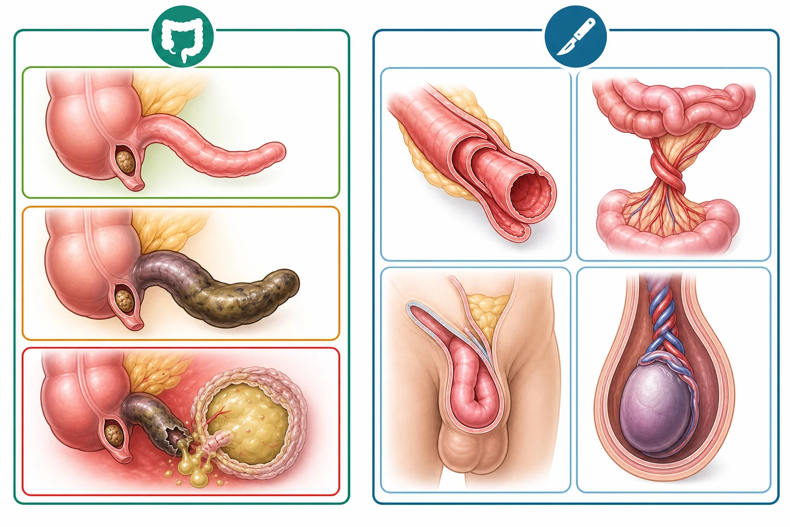 Classification chart in two panels. The left panel shows appendicitis subtypes as three stacked appendix icons: a simple pink non-ruptured appendix with a green calm border, a grey-green gangrenous necrotic appendix with an amber border, and a red ruptured appendix leaking pus into a walled-off abscess pocket with a red border, a small round fecalith at its base. The right panel shows a two-by-two grid of other surgical abdomen causes: telescoping bowel for intussusception, twisted midgut on a narrow mesentery for malrotation with volvulus, an irreducible groin lump for an incarcerated inguinal hernia, and a swollen twisted testis for testicular torsion.