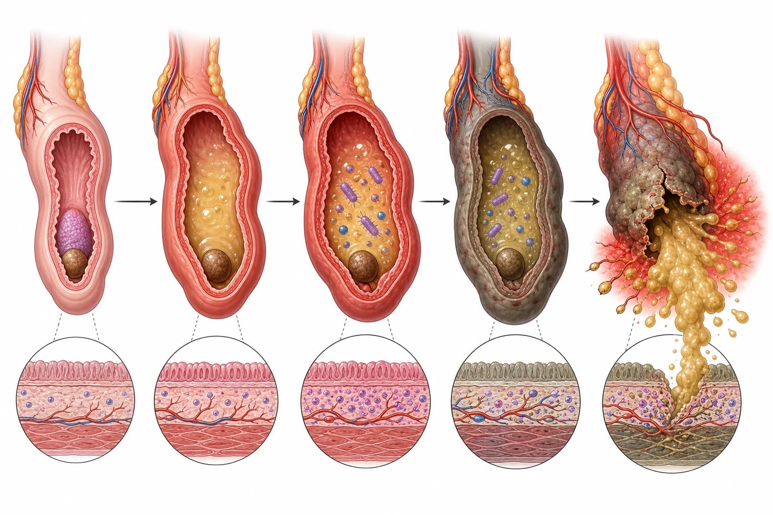 Cross-section of the vermiform appendix as a horizontal tube showing five stages left to right with directional arrows. Stage one a narrowed lumen obstructed by an enlarged lymphoid follicle and a round fecalith. Stage two the appendix distends and turns from pink to deep red as mucus accumulates. Stage three bacteria multiply as intraluminal pressure rises. Stage four the wall turns grey-green as venous then arterial supply is compressed and it becomes gangrenous. Stage five the necrotic wall ruptures spilling pus with surrounding inflammation.