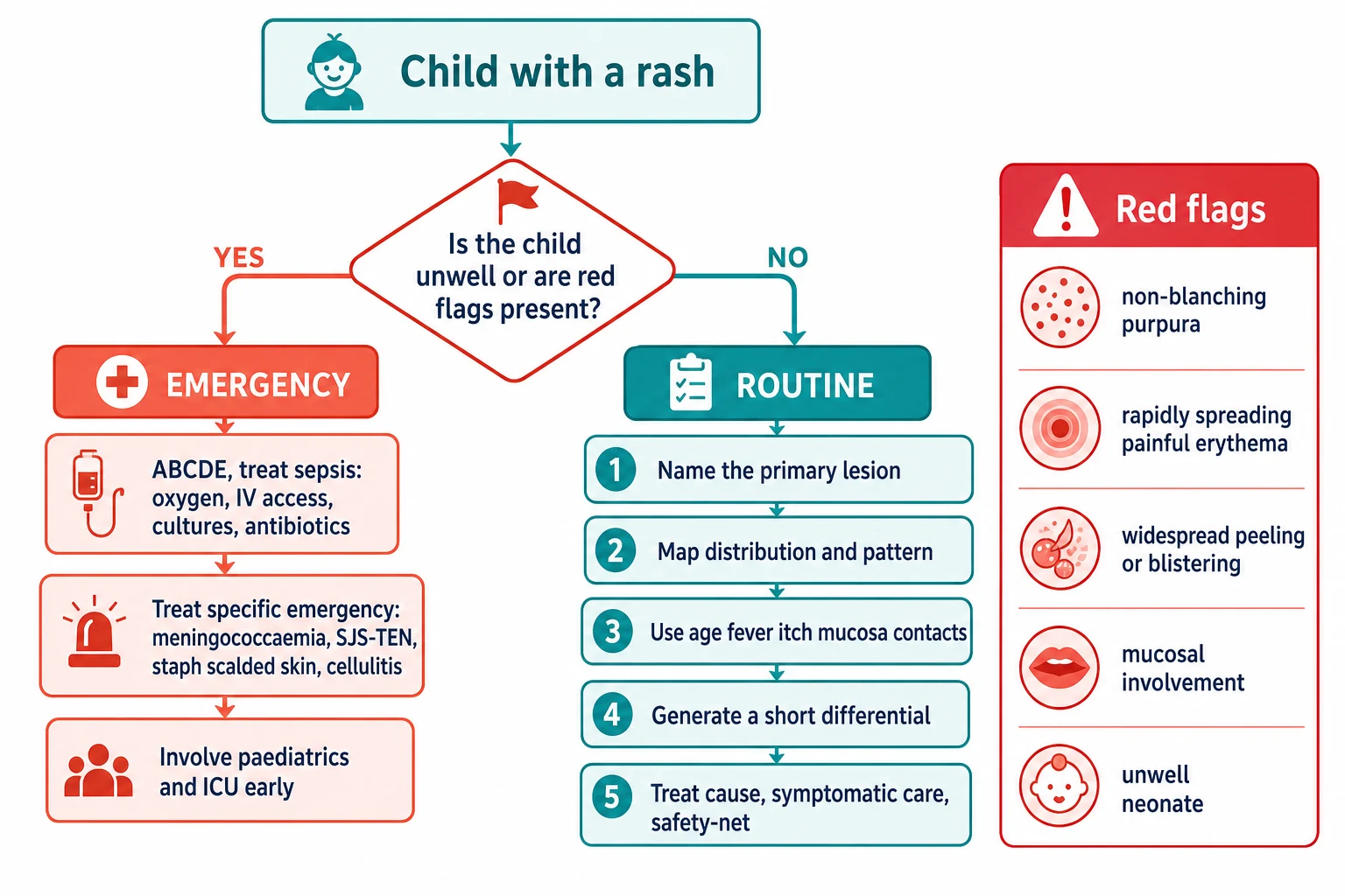 Decision flowchart splitting the approach to a child with a rash into an emergency bundle for the unwell or red-flag child and a structured five-step routine pathway for the well child