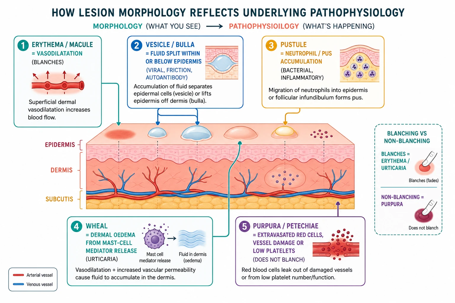 Schematic skin cross-section with labelled arrows connecting lesion morphology to underlying mechanism: vasodilatation, fluid, pus, mast-cell oedema, and extravasated blood