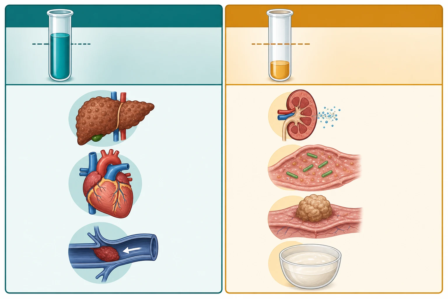 Two-column classification diagram of ascites using the serum-ascites albumin gradient: a high gradient column at or above the portal-hypertension threshold with causes including cirrhosis, heart failure and hepatic vein obstruction, and a low gradient column under the threshold with non-portal causes including nephrotic syndrome, tuberculous peritonitis, peritoneal malignancy and chylous ascites.