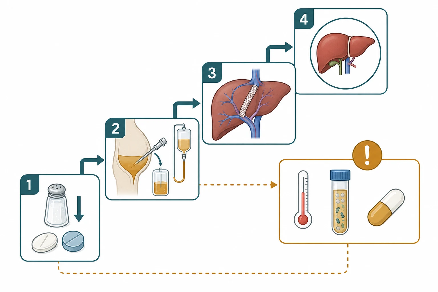 Stepwise management pathway ascending from left to right: step one shows sodium restriction with a salt shaker and diuretic pills, step two shows large-volume paracentesis with an albumin drip, step three shows a transjugular intrahepatic portosystemic shunt stent inside the liver, step four shows a liver transplant, and a parallel warning box shows a thermometer and test tube for spontaneous bacterial peritonitis with an antibiotic capsule.