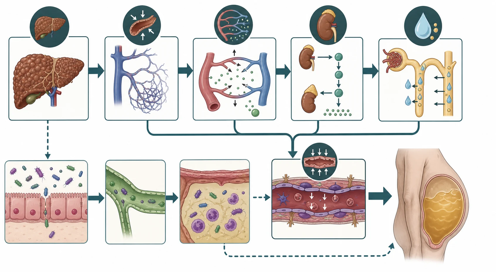Left-to-right pathophysiology cascade showing the cirrhotic liver increasing intrahepatic resistance, leading to portal hypertension, splanchnic vasodilation from nitric oxide, activation of the renin-angiotensin-aldosterone system causing sodium and water retention, sinusoidal hypertension driving fluid into the peritoneal cavity, and a side branch showing gut bacterial translocation across a permeable gut wall causing peritonitis.