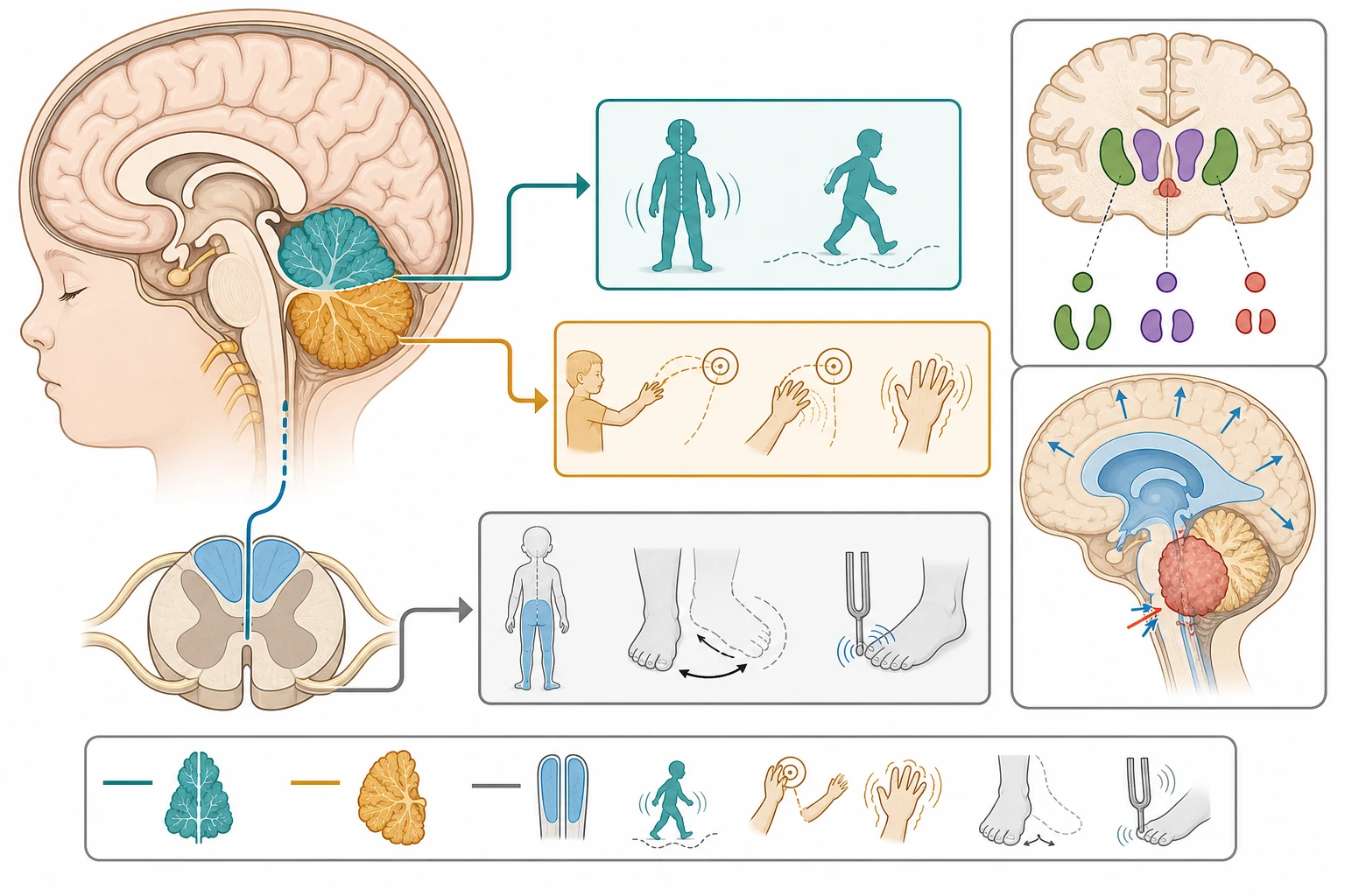 Educational anatomical schematic of the cerebellum and its connections, showing a midline vermis lesion causing truncal and gait ataxia, a cerebellar hemisphere lesion causing appendicular limb ataxia with dysmetria and intention tremor, the dorsal column sensory pathway whose loss causes sensory ataxia with a positive Romberg sign, and a posterior fossa tumour compressing the fourth ventricle to cause obstructive hydrocephalus