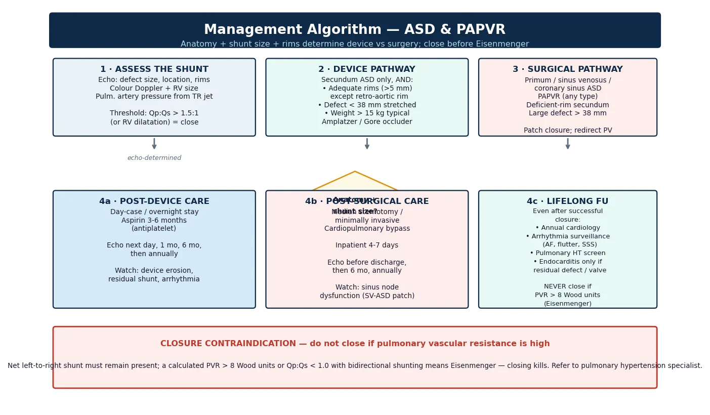 Management algorithm with three top cards for assess the shunt, device pathway for secundum defects with adequate rims, and surgical pathway for primum sinus venosus coronary sinus and partial anomalous venous return, a decision diamond on anatomy and shunt size, three bottom cards for post-device care with aspirin and echo follow-up, post-surgical care with sternotomy and sinus node dysfunction surveillance, and lifelong follow-up with arrhythmia and pulmonary hypertension screening, and a red banner on closure contraindication when pulmonary vascular resistance exceeds eight Wood units