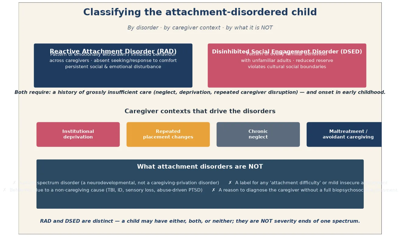 Classification map of the attachment-disordered child by disorder RAD versus DSED, by caregiver context institutional deprivation placement disruption neglect maltreatment, and by what it is not autism intellectual disability insecure attachment