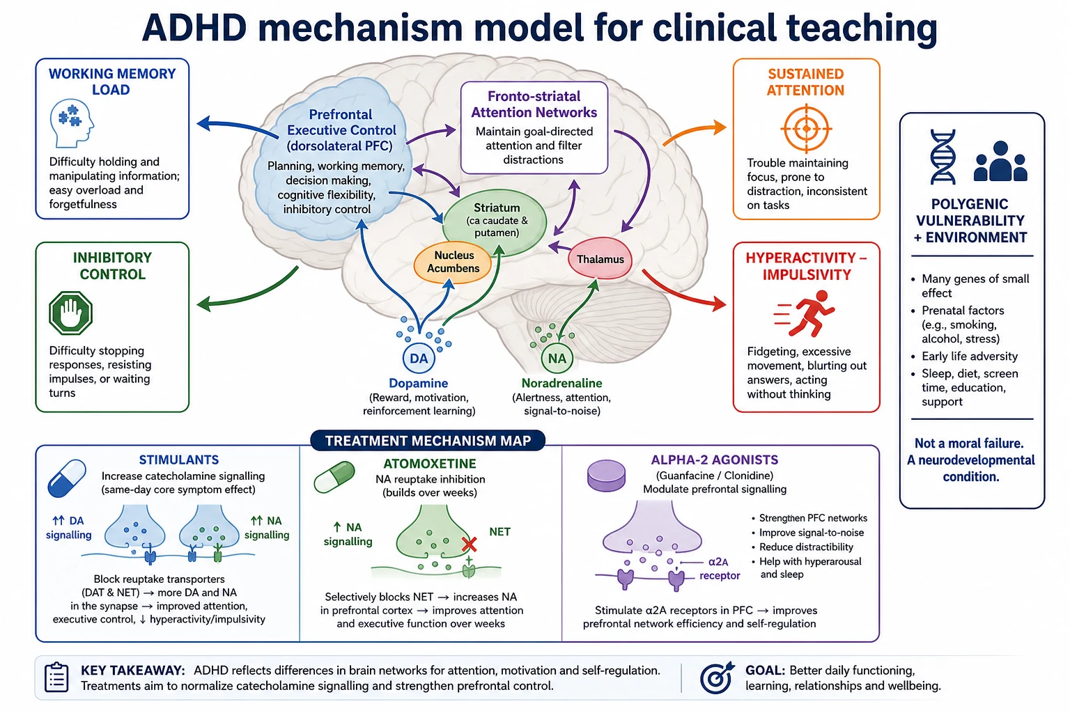 Educational schematic of ADHD executive function and catecholamine circuit model linking stimulants atomoxetine and alpha-2 agonists to clinical symptoms