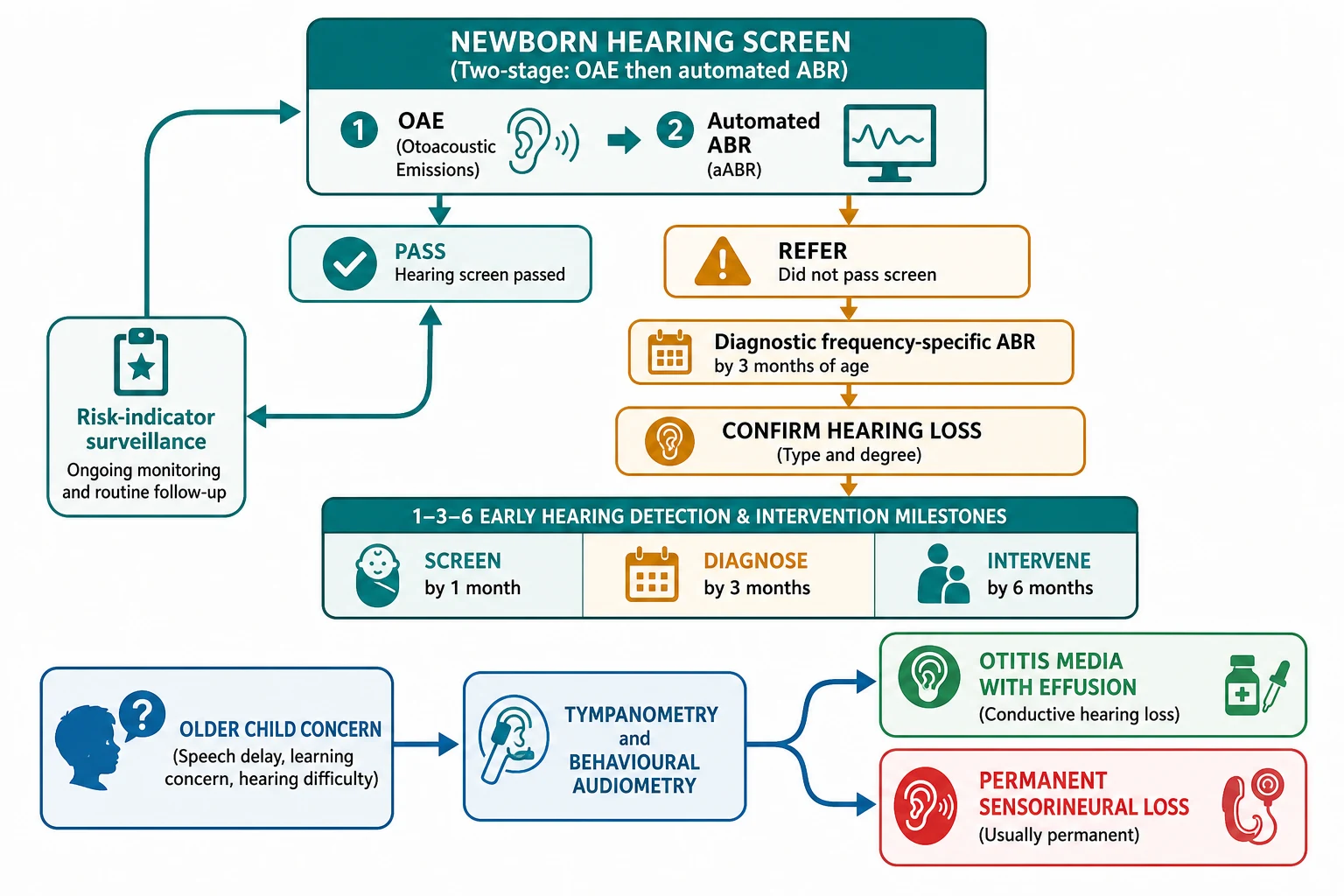 A schematic flowchart of the paediatric hearing-test pathway from the two-stage newborn screen through diagnostic frequency-specific ABR, the 1-3-6 milestones, risk-indicator surveillance, and the older-child concern pathway through tympanometry and behavioural audiometry to OME versus permanent sensorineural loss
