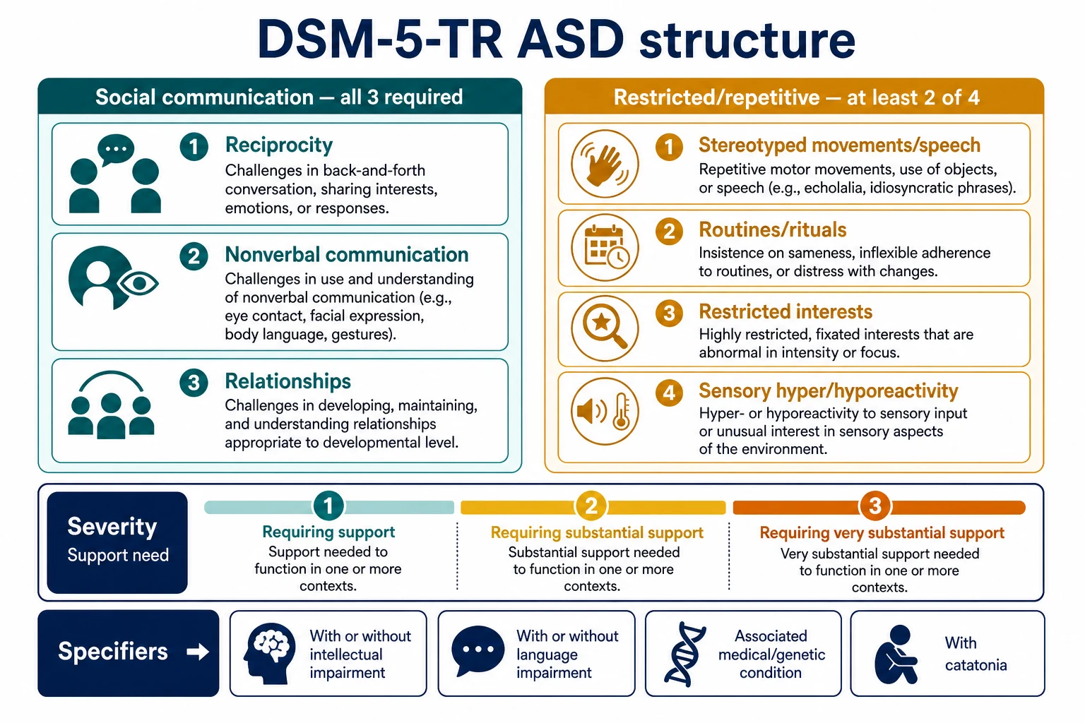 DSM-5-TR ASD structure with three social-communication domains, four RRB domains, severity levels and clinical specifiers