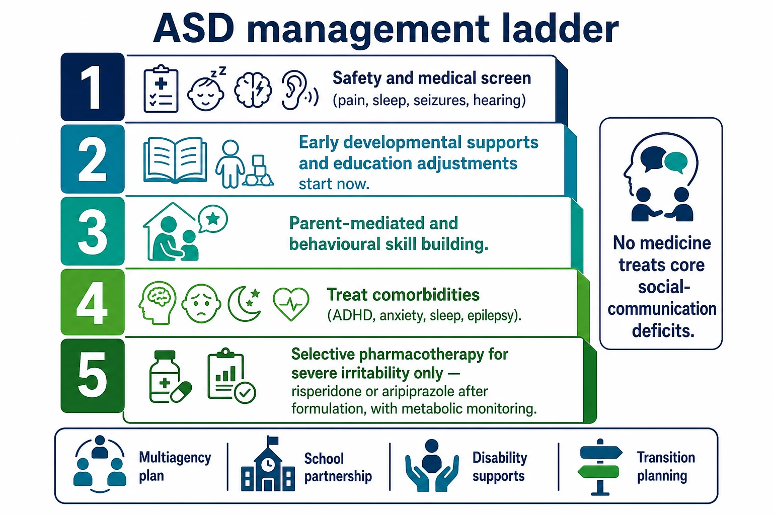 Stepped ASD management from safety and medical screen through early supports, parent training, comorbidity care and selective irritability pharmacotherapy