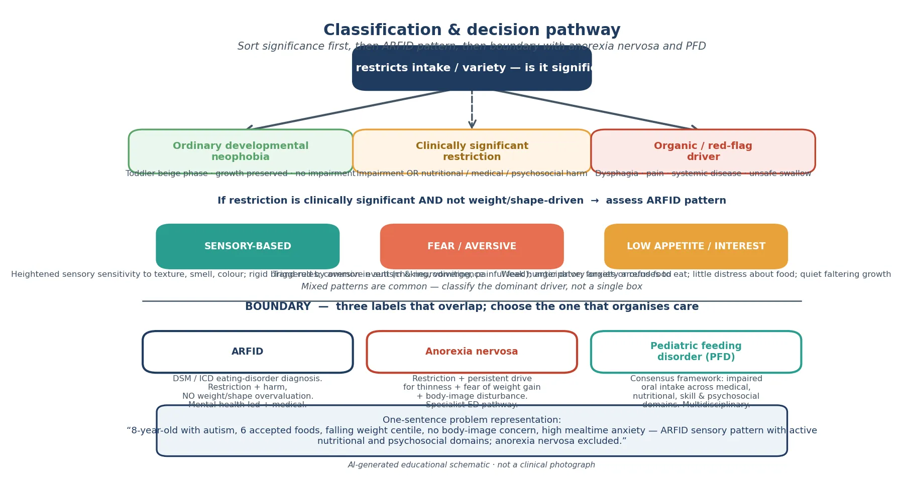 Educational flowchart classifying significance of restriction, the three ARFID driver patterns, and the boundary between ARFID, anorexia nervosa and pediatric feeding disorder, ending in a one-sentence problem representation