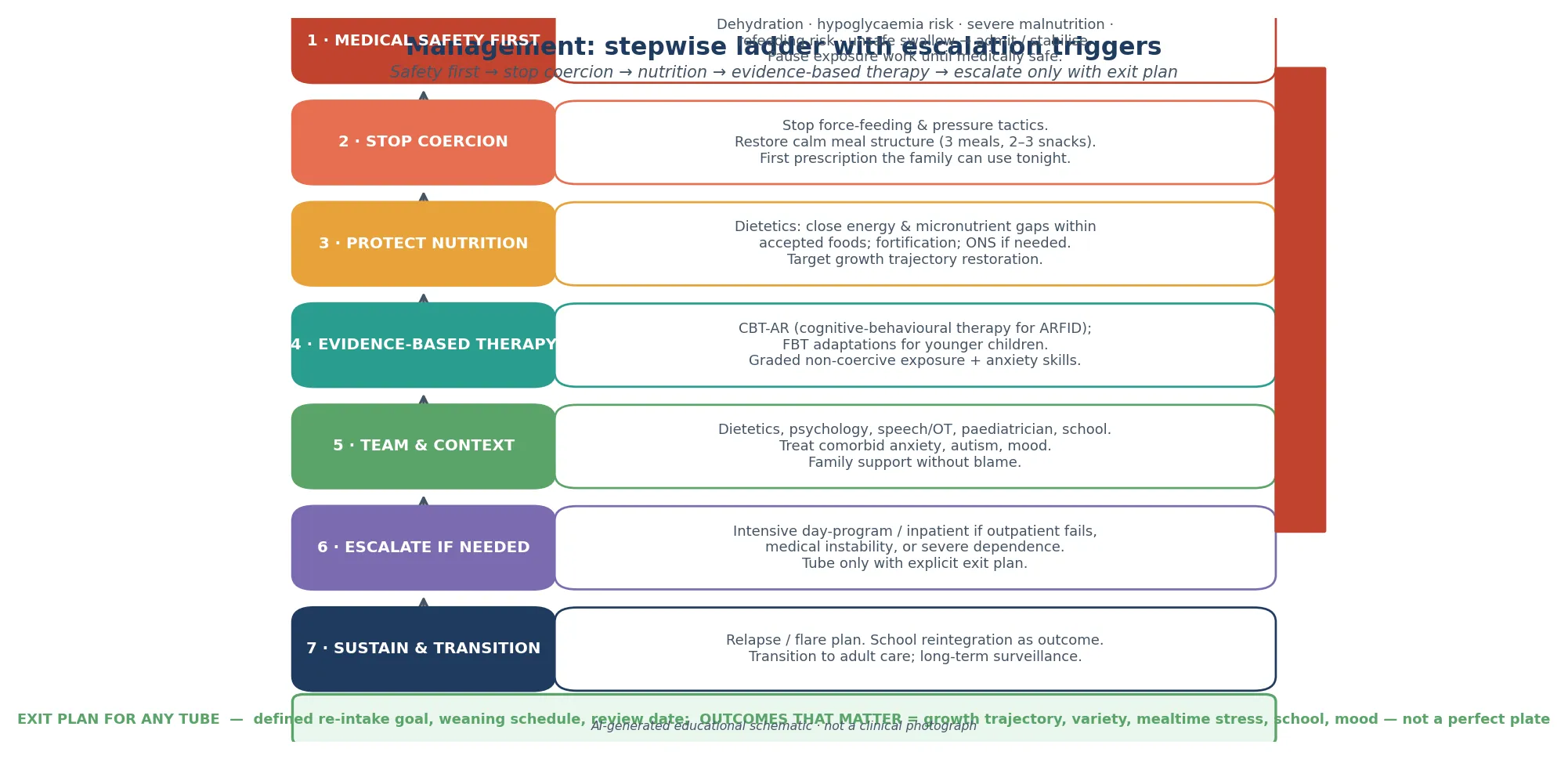 Stepwise management algorithm from medical safety and stopping coercion through nutrition, evidence-based CBT-AR or FBT, team and comorbidity care, escalation to intensive or inpatient, and sustained transition, with a tube exit plan