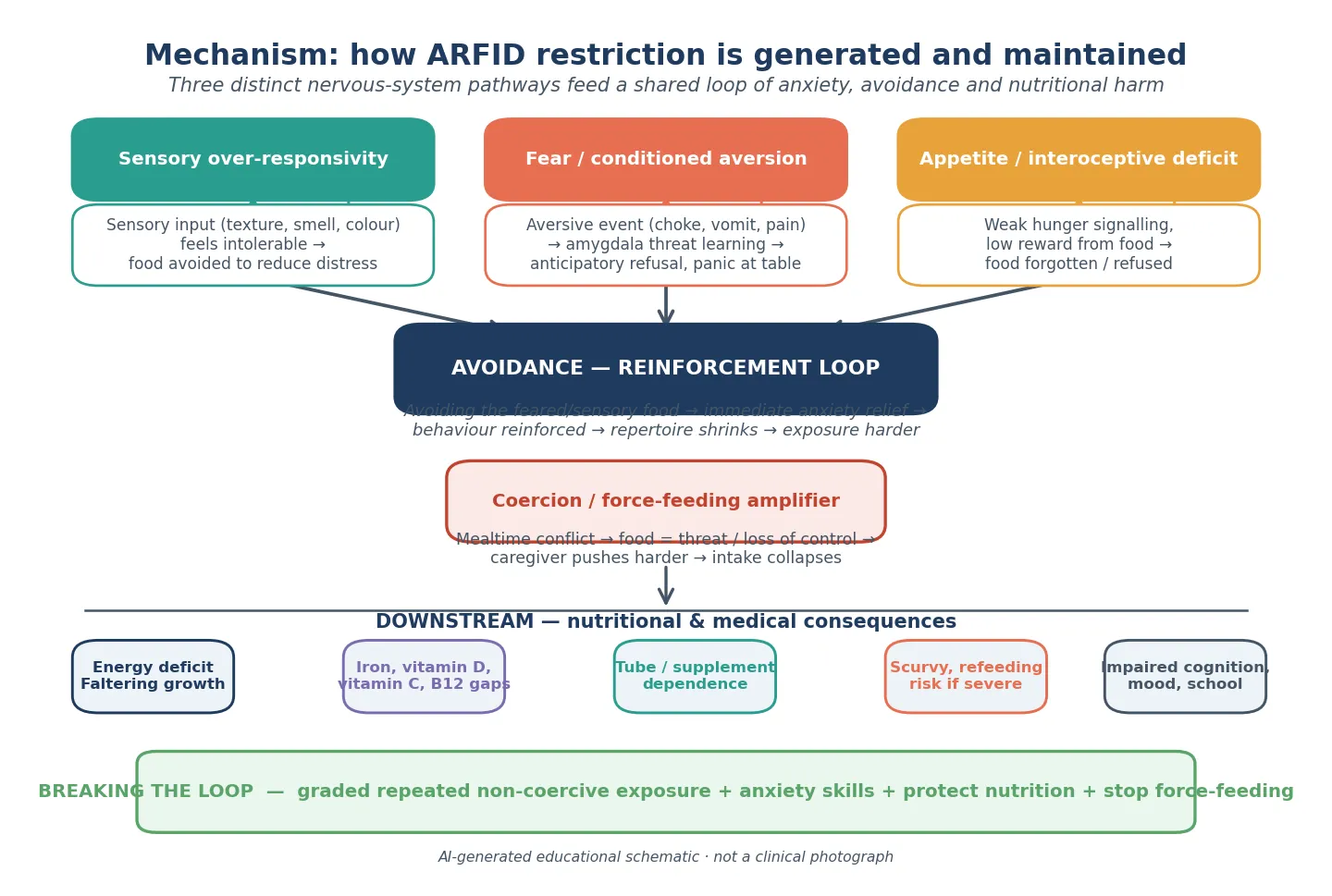 Mechanism map showing three driver pathways — sensory over-responsivity, fear or conditioned aversion, and low appetite or interoceptive deficit — feeding a shared avoidance-reinforcement loop amplified by coercion, leading to downstream nutritional and medical consequences