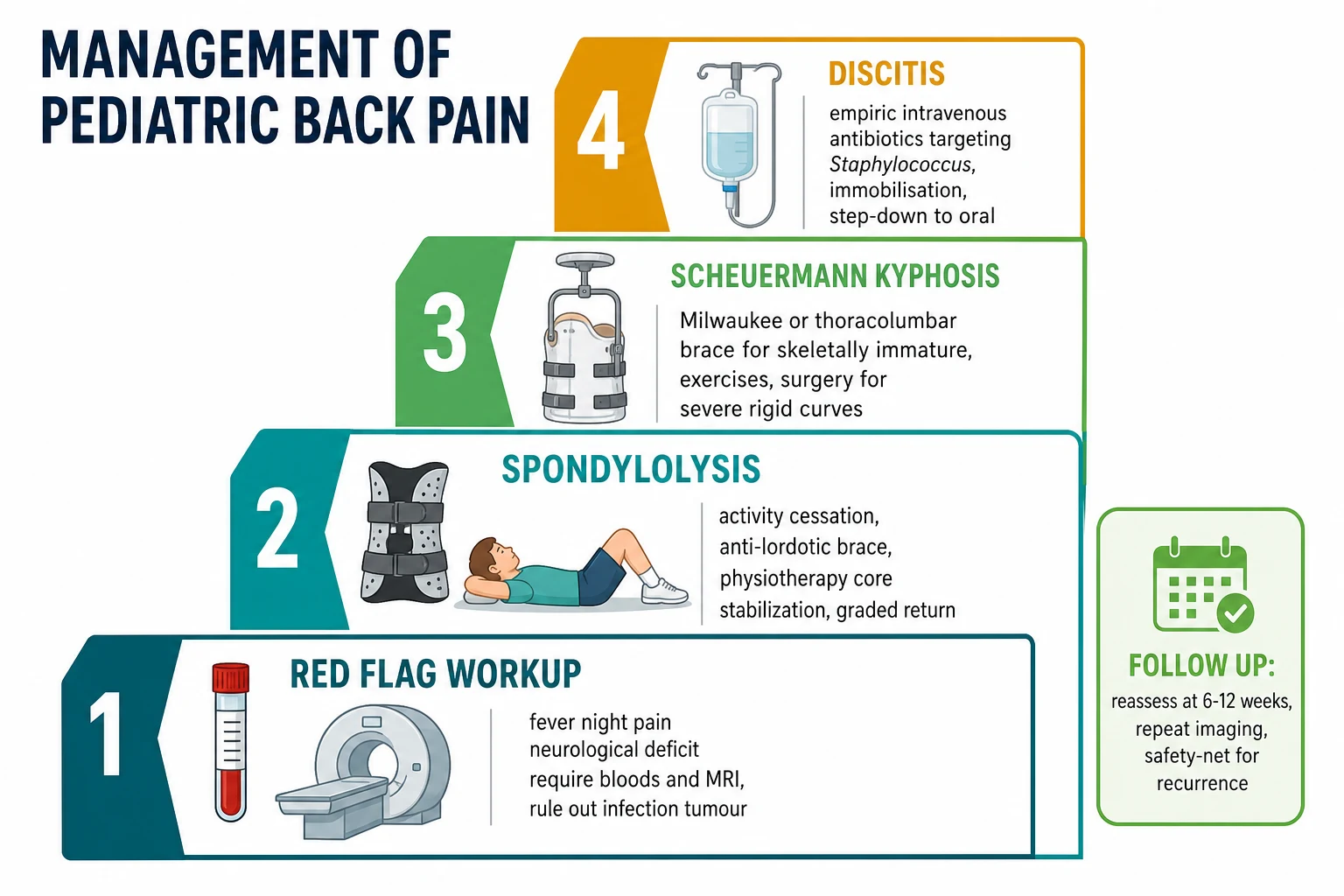 Stepped management ladder of four ascending steps. Step one bottom labelled Red Flag Workup with blood test and MRI icons, text fever night pain neurological deficit require bloods and MRI rule out infection tumour. Step two labelled Spondylolysis with brace and rest icons, text activity cessation anti-lordotic brace physiotherapy core stabilization graded return. Step three labelled Scheuermann Kyphosis with a kyphosis brace icon, text Milwaukee or thoracolumbar brace for skeletally immature exercises surgery for severe rigid curves. Step four top labelled Discitis with an intravenous antibiotic icon, text empiric intravenous antibiotics targeting Staphylococcus immobilisation step-down to oral. Right side a small green box reads Follow Up reassess at six to twelve weeks repeat imaging safety-net for recurrence.