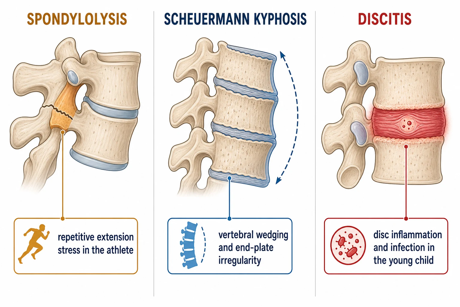 Three side-by-side panels. Left panel labelled Spondylolysis shows a lumbar vertebra with a stress fracture line through the pars interarticularis highlighted in amber, with the label repetitive extension stress in the athlete. Middle panel labelled Scheuermann Kyphosis shows three thoracic vertebrae with anterior wedging and irregular end plates causing a forward rounded curve, highlighted in blue, labelled vertebral wedging and end-plate irregularity. Right panel labelled Discitis shows two vertebrae with an inflamed reddish intervertebral disc between them and a small infection focus, highlighted in red, labelled disc inflammation and infection in the young child.