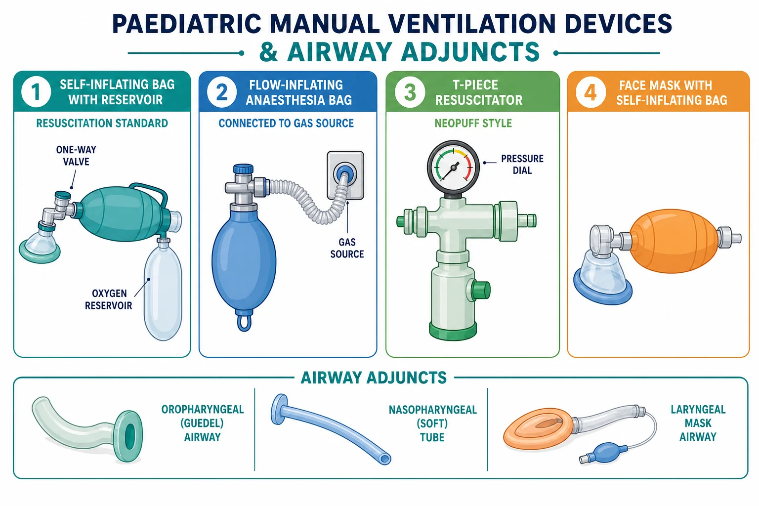 A labelled diagram of the four families of paediatric manual ventilation devices side by side: a self-inflating bag with its one-way valve and oxygen reservoir, a flow-inflating anaesthesia bag that needs a gas source, a T-piece resuscitator (Neopuff) with pressure gauge and PEEP cap, and a bag-mask connected to a face mask, each annotated with its use, size and whether it needs a gas source, beside a small panel listing the airway adjuncts (Guedel, nasopharyngeal, supraglottic).