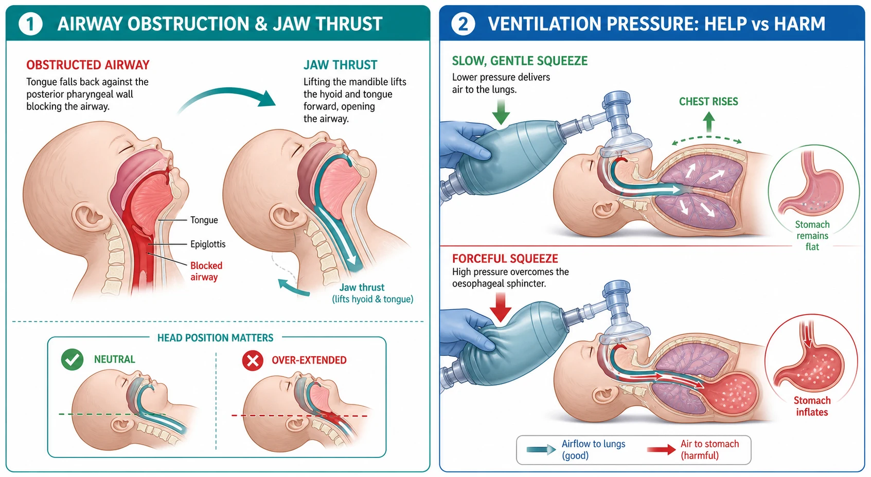 A two-panel schematic: on the left, a sagittal cross-section of an infant head and neck showing the large tongue fallen back against the posterior pharyngeal wall obstructing the airway, with arrows showing a jaw thrust lifting the hyoid and tongue forward to reopen the passage, and the correct neutral head position versus the obstructing over-extension; on the right, a diagram of a self-inflating bag showing a slow one-second squeeze delivering gas into an open airway with the chest rising, beside a forceful squeeze generating high peak pressure that overcomes the lower oesophageal sphincter and fills the stomach.