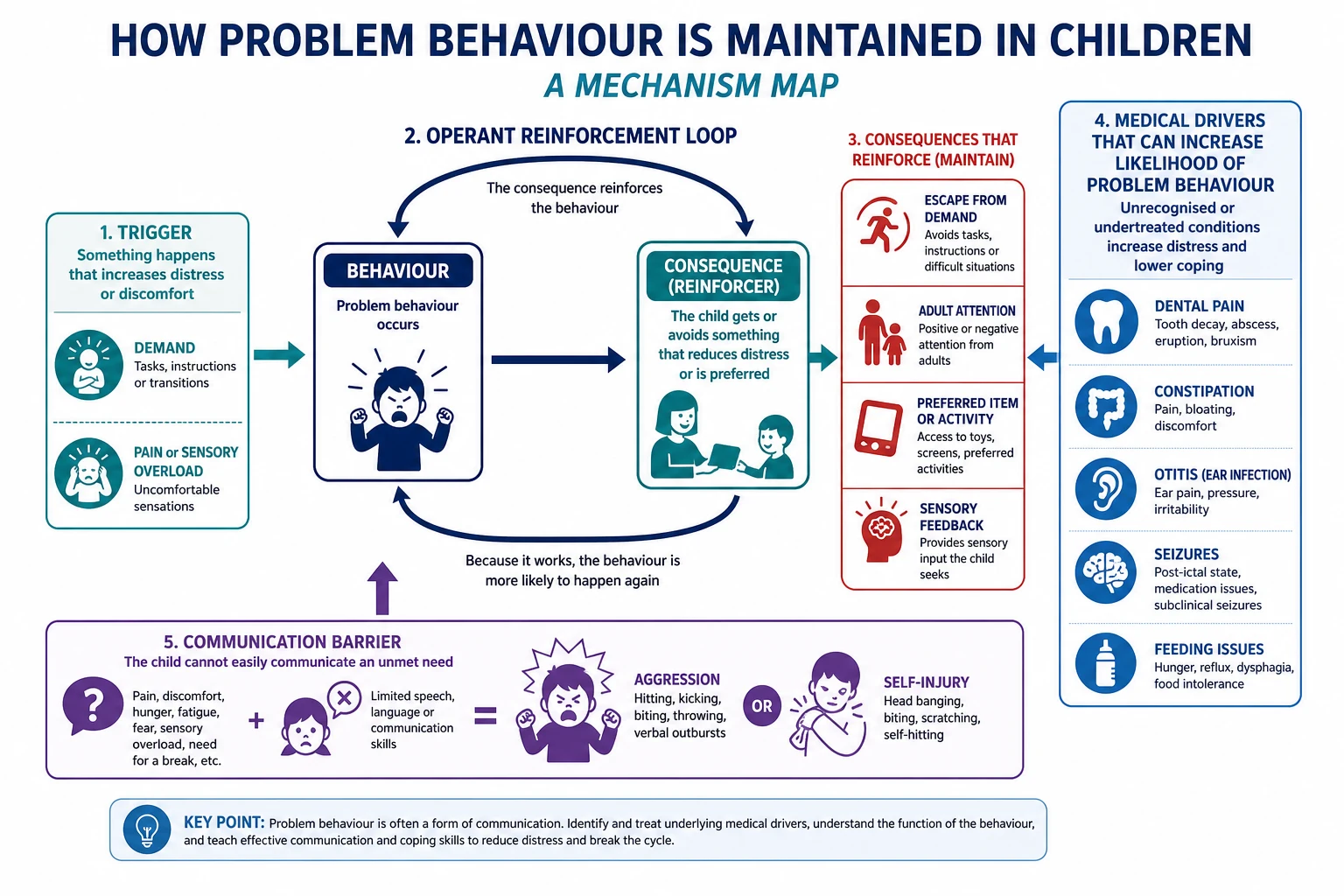 Educational mechanism map of operant reinforcement loop with medical pain and communication barrier inputs maintaining paediatric problem behaviour