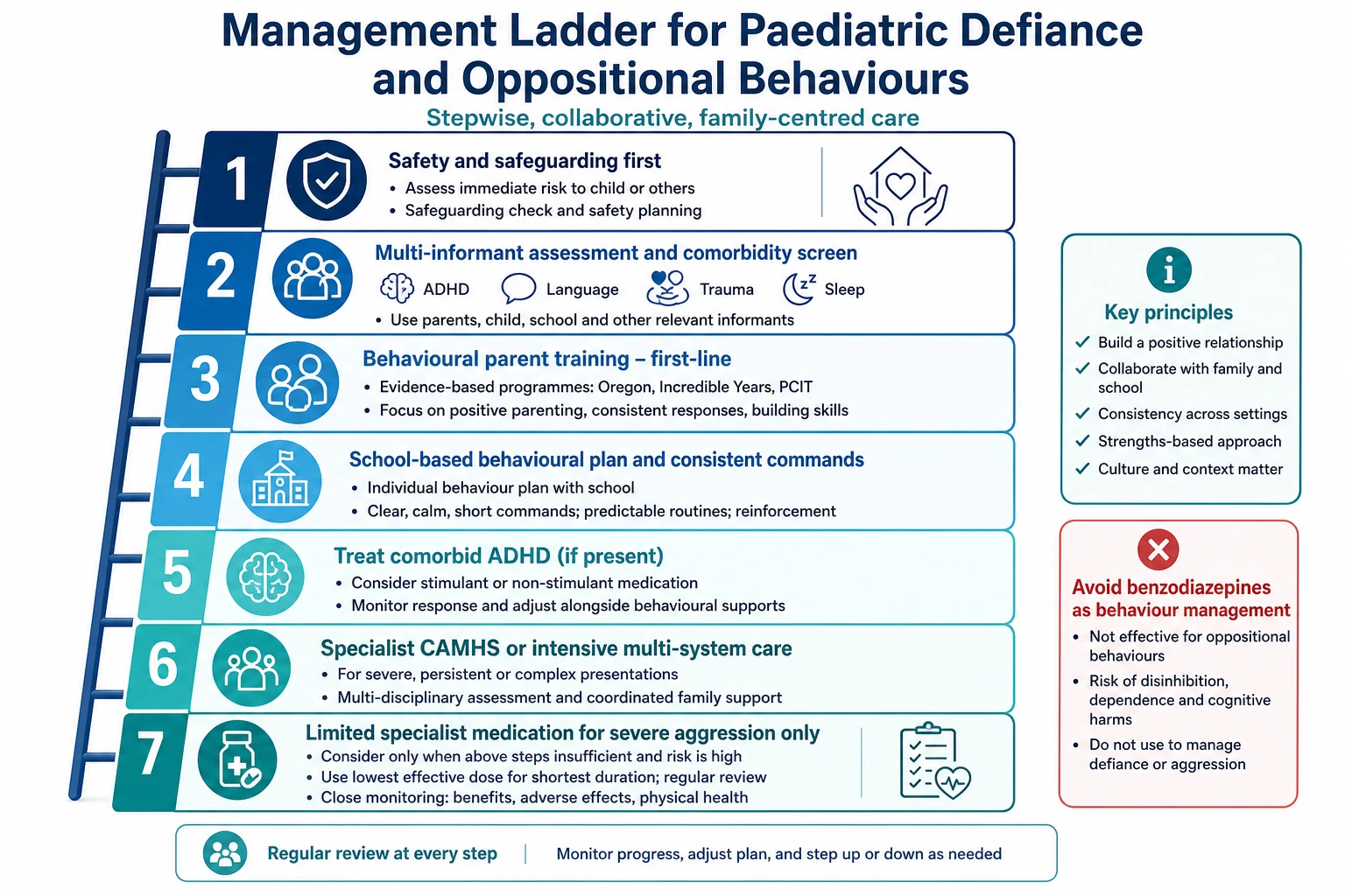 Educational stepwise management ladder from safety assessment through parent training school plans ADHD treatment specialist care and limited medication