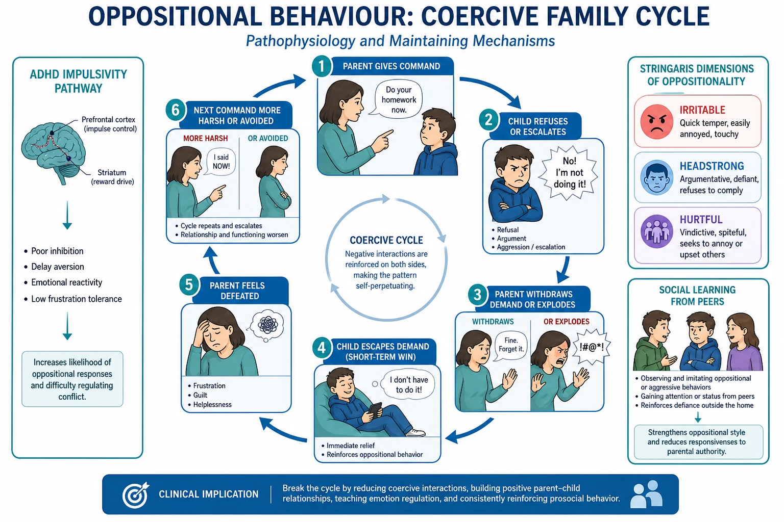 Educational mechanism diagram of the coercive family cycle maintaining oppositional behaviour with ADHD and social learning side pathways