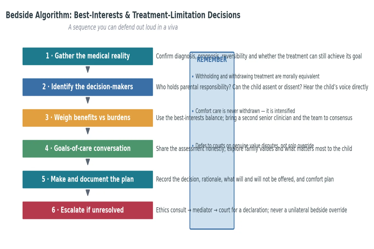Stepwise bedside algorithm from gathering the medical reality through team consensus, goals-of-care conversation, documentation and ethics or court escalation