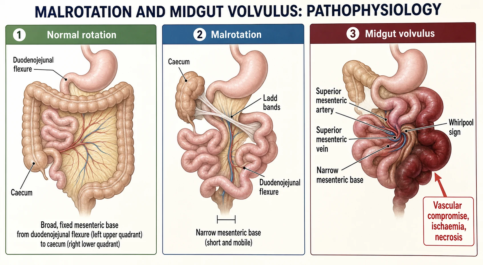 Three-panel pathophysiology diagram of malrotation and midgut volvulus. Panel one normal rotation with a broad fixed mesenteric base from the duodenojejunal flexure in the left upper quadrant to the caecum in the right lower quadrant. Panel two malrotation with a low right-sided duodenojejunal flexure, a high caecum, a narrow mesenteric base and Ladd bands crossing the duodenum. Panel three midgut volvulus with the bowel twisted clockwise around the superior mesenteric artery and vein forming a whirlpool and an ischaemic loop.