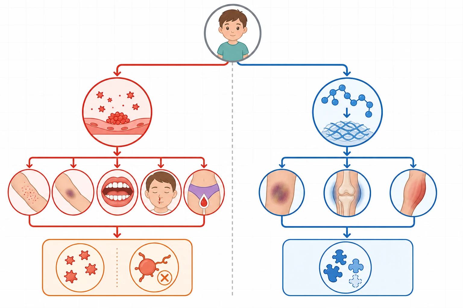 Diagnostic-pathway infographic splitting a child presenting with bleeding into a left column of primary-hemostasis (platelet-type) bleeding shown as petechiae, nosebleed, gum bleeding, superficial bruises and heavy menstrual bleeding, and a right column of secondary-hemostasis (coagulation-type) bleeding shown as a swollen knee joint, deep bruise and calf muscle swelling, with downward arrows from a central child entry point.