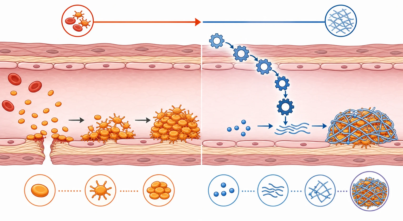 Mechanism diagram of hemostasis showing on the left a blood vessel wall breach with platelets adhering and aggregating to form a primary platelet plug in warm orange tones, and on the right a coagulation factor cascade of linked steps generating thrombin and a fibrin mesh that reinforces the plug in cool blue tones, arranged as a left-to-right timeline.