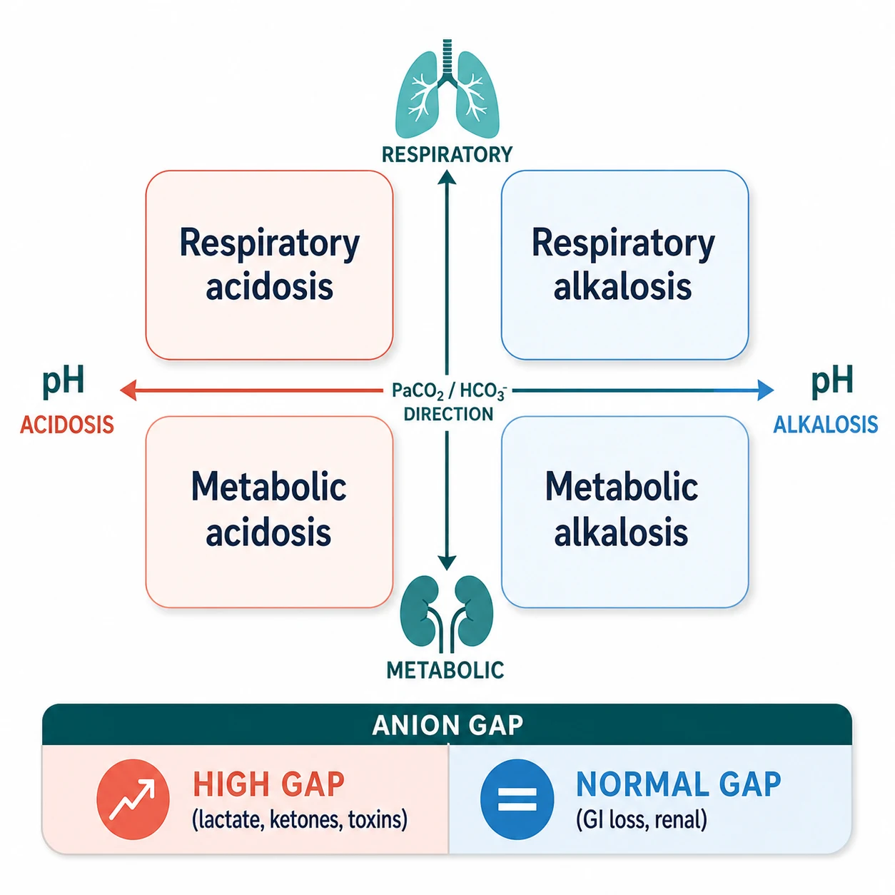 Educational schematic of a four-quadrant classification of acid-base disorders (respiratory and metabolic acidosis and alkalosis on a pH axis), with a bottom ribbon showing the anion gap split into high-gap and normal-gap causes