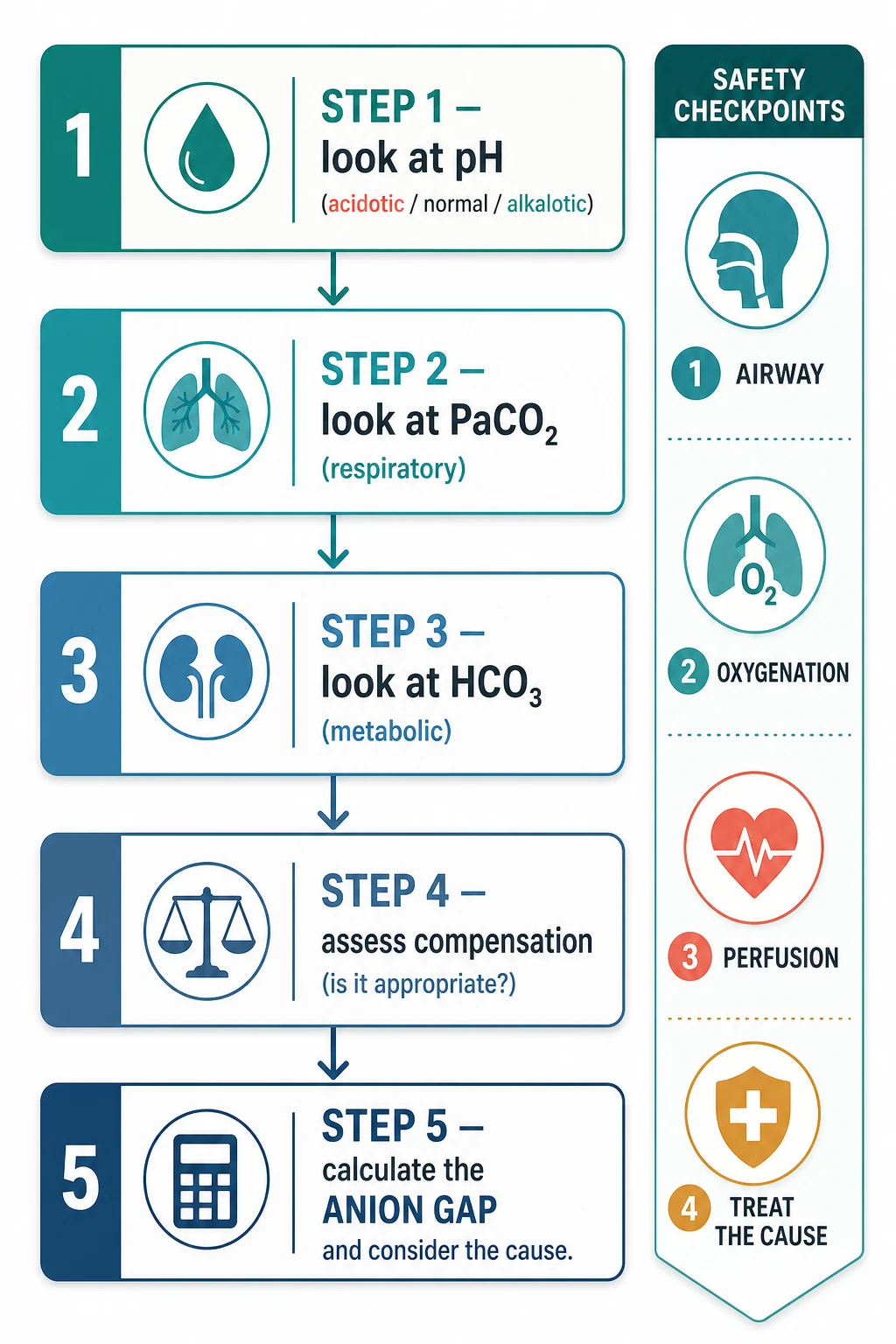 Educational schematic of a five-step systematic blood gas interpretation ladder, with a companion safety ribbon of airway, oxygenation, perfusion and treat-the-cause checkpoints