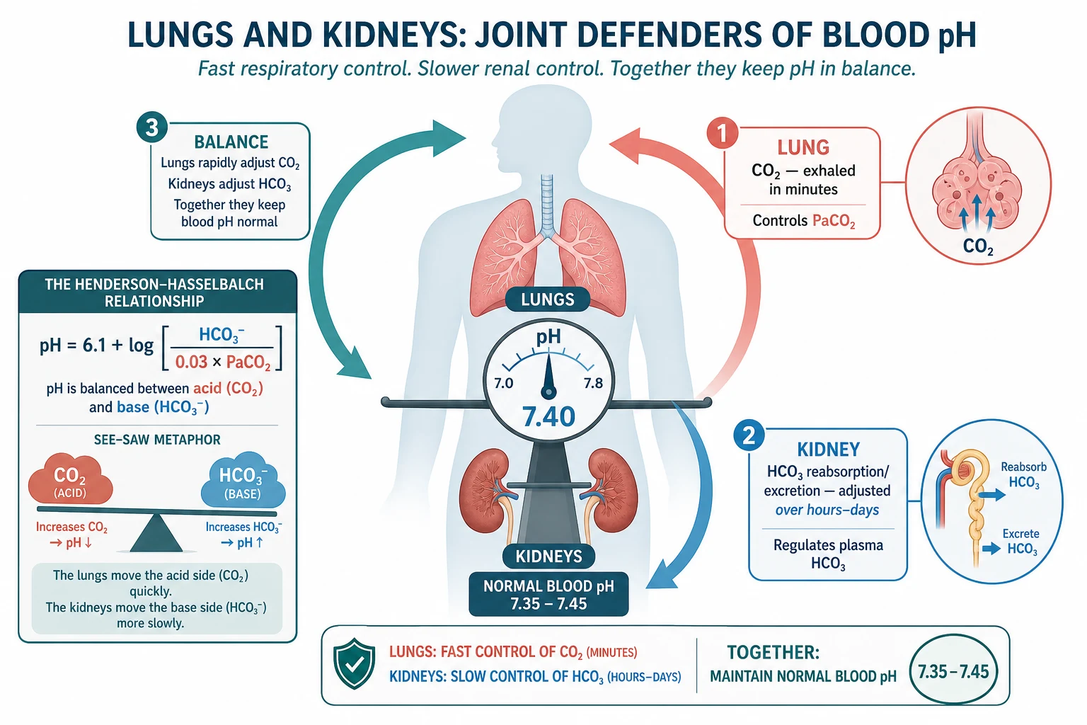 Educational schematic of the lung and kidney jointly defending blood pH, with the Henderson-Hasselbalch balance between CO2 and bicarbonate shown as a see-saw fulcrum