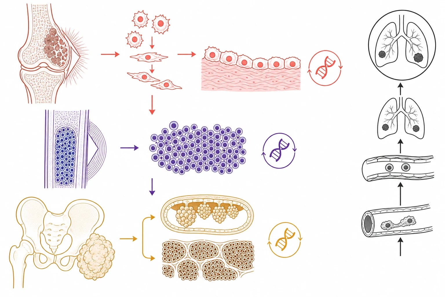 A clean scientific schematic on a white background with three vertical tiers connected by downward coral arrows. The top tier in coral shows an osteoid-producing distal-femur tumour with a mixed lytic and sclerotic lesion, a sunburst and a Codman triangle, with malignant osteoblasts laying down osteoid. The middle tier in purple shows a diaphyseal medullary small round blue-cell infiltrate with onion-skin and a DNA fusion loop. The bottom tier in amber shows a pelvic soft-tissue mass with botryoid and alveolar patterns and a DNA fusion loop. A right-hand column shows malignant cells entering a blood vessel and seeding two lung nodules. No text appears in the figure.