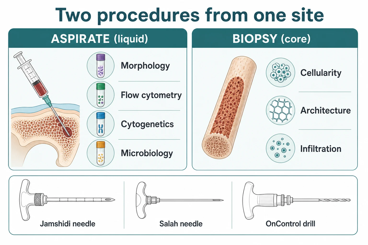 Educational schematic of two procedures taken from one site: the aspirate (liquid marrow sent for morphology, flow cytometry, cytogenetics, molecular and microbiology) and the trephine core (sent for cellularity, architecture and infiltration), with three needle devices — Jamshidi, Salah, and the OnControl powered drill