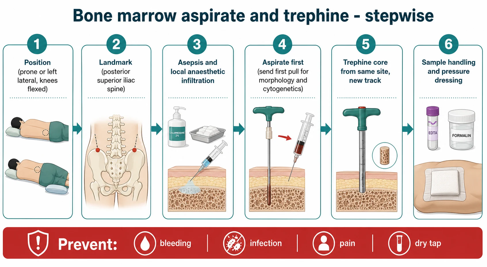 Educational stepwise algorithm for paediatric bone marrow aspirate and trephine with six numbered steps (position, landmark the posterior superior iliac spine, asepsis and local anaesthetic, aspirate first then send the first pull for morphology, trephine core from a new track, sample handling and pressure dressing) and a red safety ribbon listing the complications to prevent (bleeding, infection, pain, dry tap)