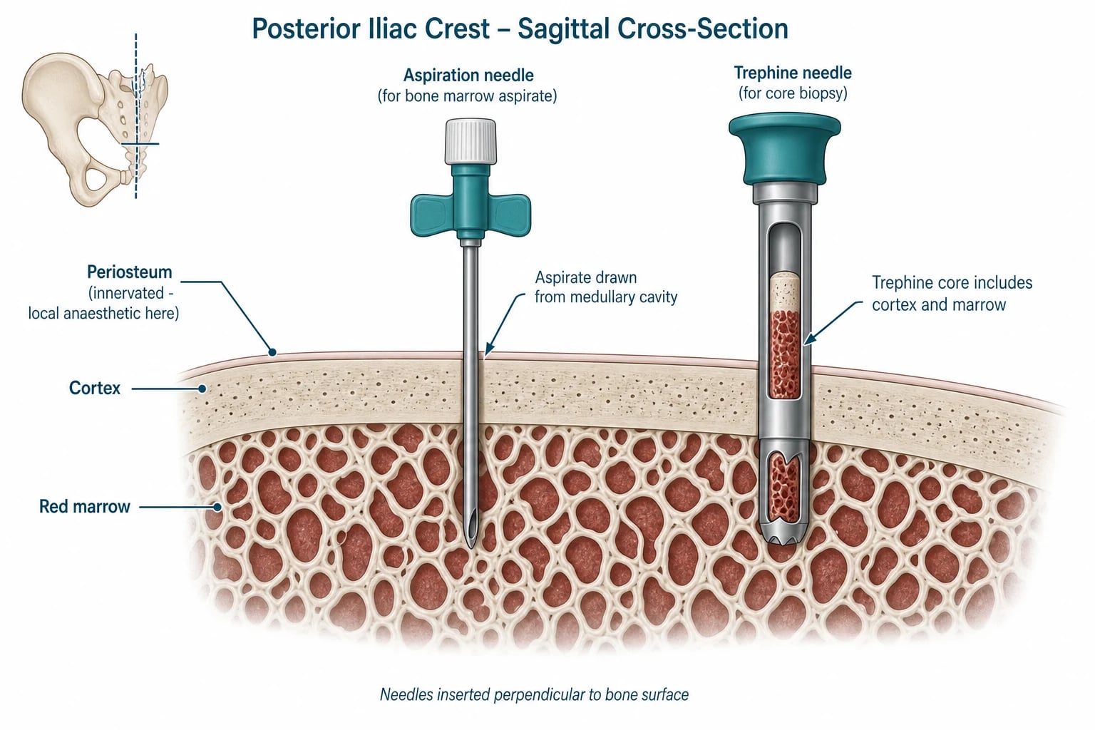 Educational sagittal cross-section of the posterior iliac crest showing the cortical bone, the cancellous bone with red marrow spaces, an aspiration needle with its tip in the medullary cavity, and a trephine needle capturing a core; labelled arrows point to the innervated periosteum, the aspirate drawn from the medullary cavity, and the trephine core that includes cortex and marrow