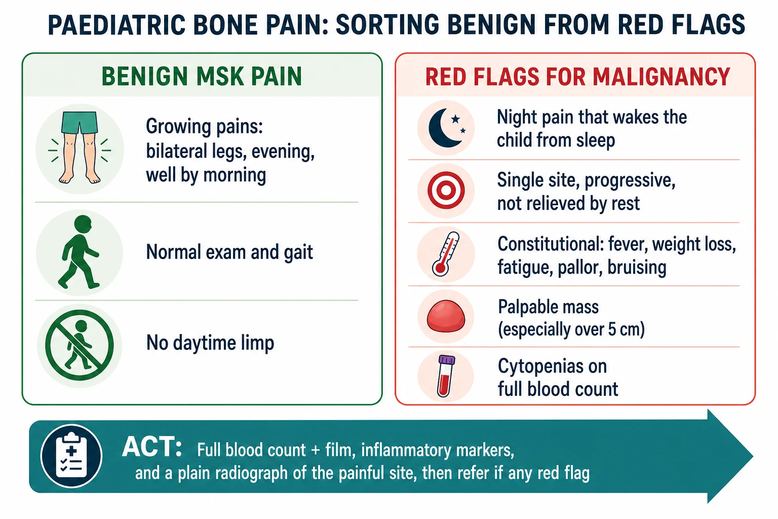 Two-panel schematic contrasting benign musculoskeletal pain features (growing pains: bilateral, evening, well child, normal exam) with the red flags for malignancy (night pain waking the child, single progressive site, constitutional symptoms, palpable mass over five centimetres, cytopenias), with an action bar listing full blood count and film, inflammatory markers, and a plain radiograph.