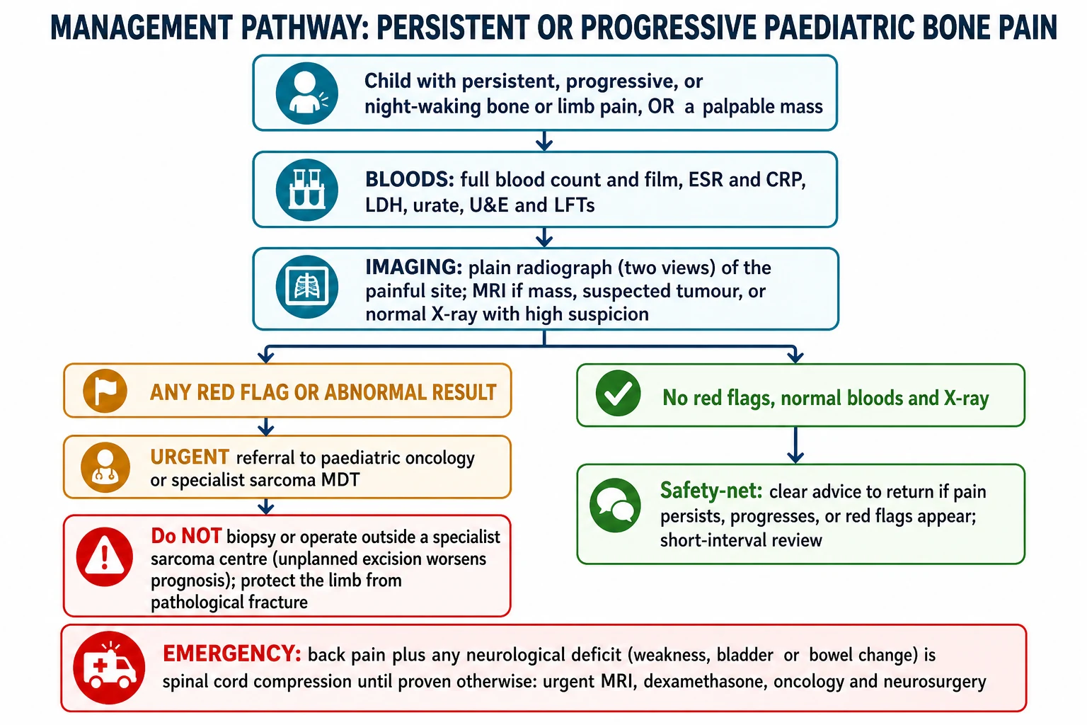 Management flowchart for persistent or progressive paediatric bone pain: bloods including full blood count and film, inflammatory markers, and lactate dehydrogenase; imaging with a two-view plain radiograph then magnetic resonance imaging if a mass or tumour is suspected; an urgent referral to paediatric oncology or a specialist sarcoma multidisciplinary team if any red flag or abnormal result is found, with a warning never to biopsy or operate outside a specialist centre and to protect the limb; a safety-net pathway for normal results; and an emergency box for spinal cord compression needing urgent magnetic resonance imaging and dexamethasone.