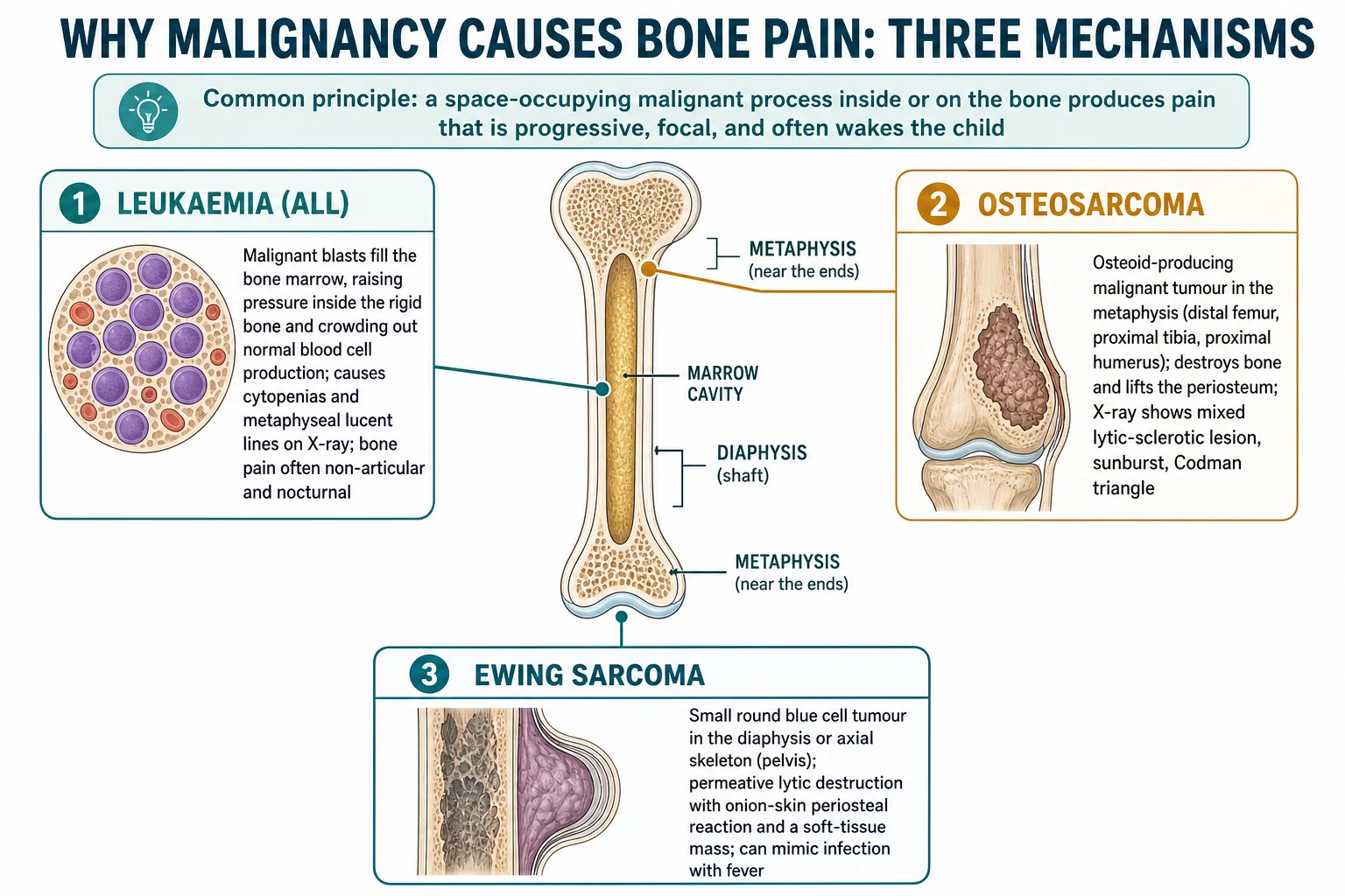 Schematic of a long-bone cross-section showing marrow cavity, metaphysis, and diaphysis, with three labelled mechanisms: leukaemia (ALL) with malignant blasts filling marrow and causing cytopenias and metaphyseal lucent lines; osteosarcoma as an osteoid-producing tumour in the metaphysis around the knee with sunburst and Codman triangle; and Ewing sarcoma as a small round blue cell tumour in the diaphysis or pelvis with onion-skin periosteal reaction.