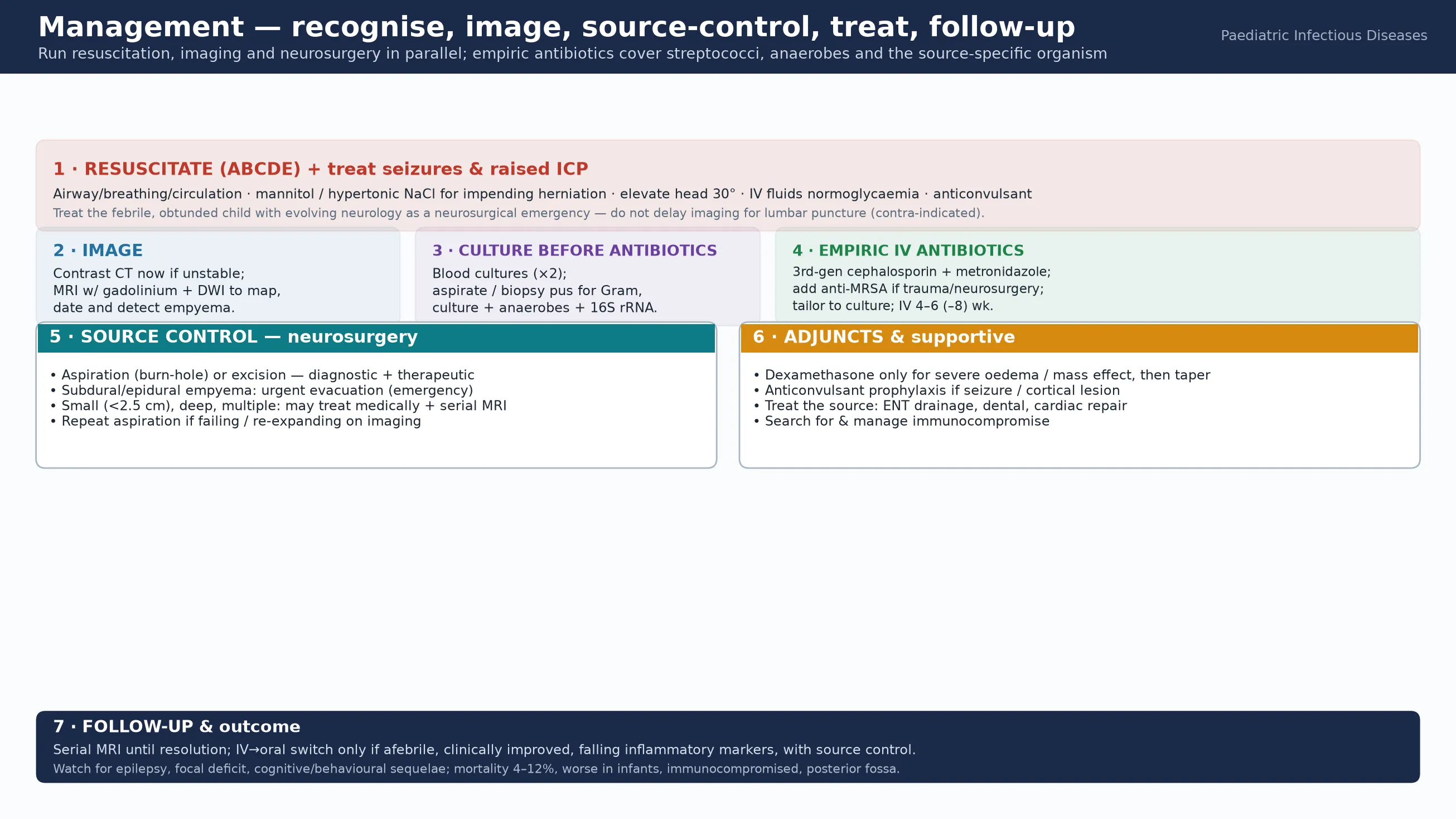 Educational management algorithm for brain abscess and intracranial suppuration from resuscitation through imaging, culture, empiric antibiotics, neurosurgical source control, adjuncts and follow-up, with a red-flag panel