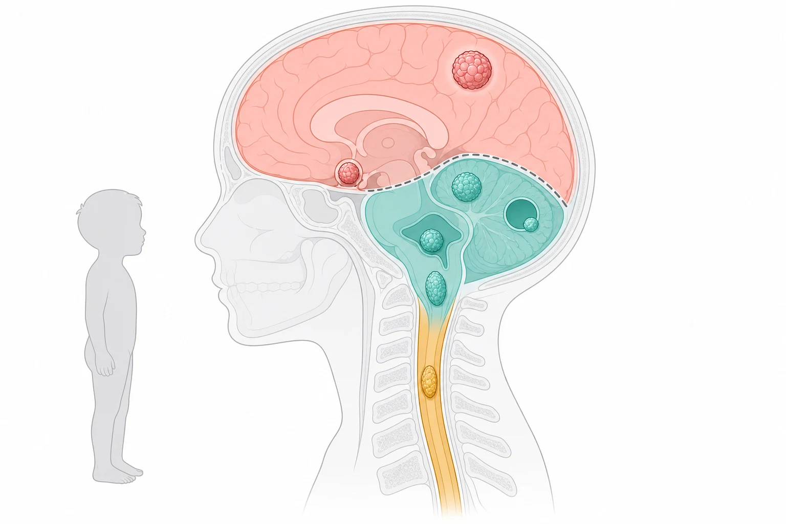 A clean medical-education schematic on a white background showing the child's central nervous system in a sagittal silhouette with three colour-coded anatomical regions. The posterior fossa in teal below the tentorium contains four small tumour icons labelled by colour to medulloblastoma, cerebellar pilocytic astrocytoma, fourth ventricle ependymoma and brainstem glioma. The supratentorial compartment in coral above contains icons for hemispheric low-grade glioma and craniopharyngioma near the sella. The spinal canal in amber running downward contains an intramedullary tumour icon. A small child figure stands to the left. No text appears in the figure.