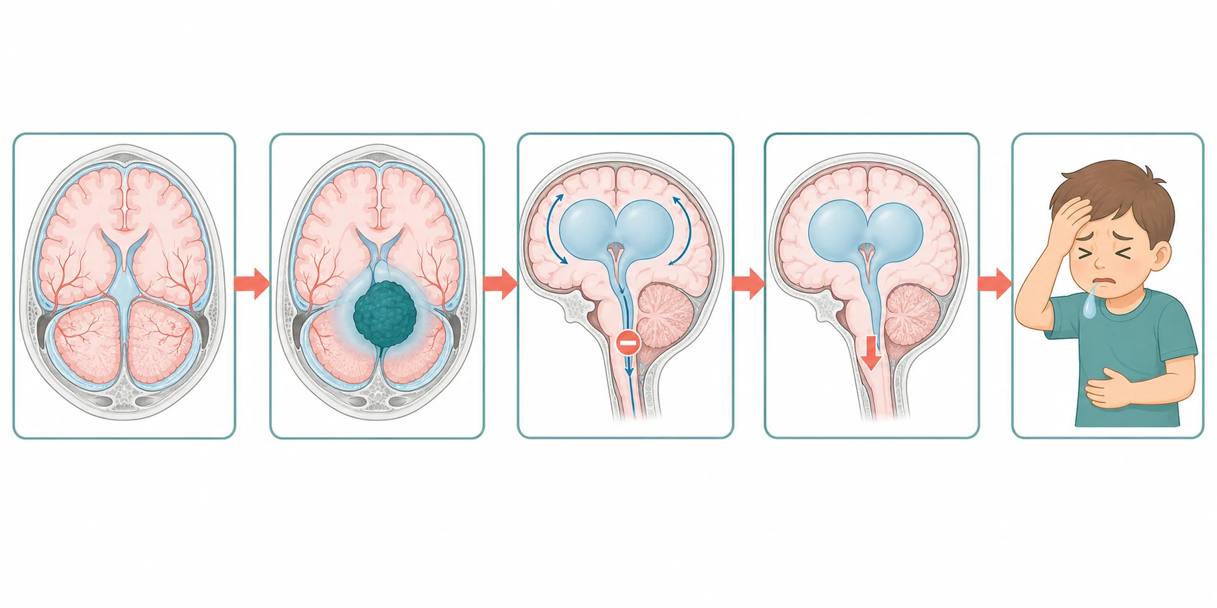 A clean scientific schematic on a white background flowing left to right in five connected boxes joined by coral arrows. The first box shows a normal skull cross section with balanced brain, blood and cerebrospinal fluid. The second shows a tumour mass expanding in the posterior fossa and compressing the fourth ventricle. The third shows obstructed cerebrospinal fluid flow with enlarged ventricles above. The fourth shows downward displacement of the brainstem. The fifth shows a child externally with headache posture, vomiting and a squint. No text appears in the figure.