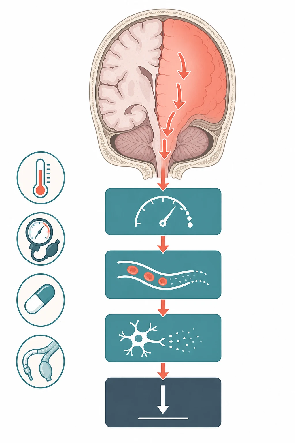 A clean scientific causal schematic on a white background showing a rounded skull cross-section holding a brain and brainstem, with a coral region of expanding injury and swelling on one side pressing downward through coral arrows toward the small brainstem at the base, leading through three stacked teal boxes representing rising pressure, falling blood flow and ischaemia, ending in a dark slate box with a downward arrow and a flat line symbol for irreversible cessation of all brain and brainstem function. Small icons along the left margin show a thermometer, a blood pressure gauge, a pill and a breathing tube representing the confounders that must be excluded.