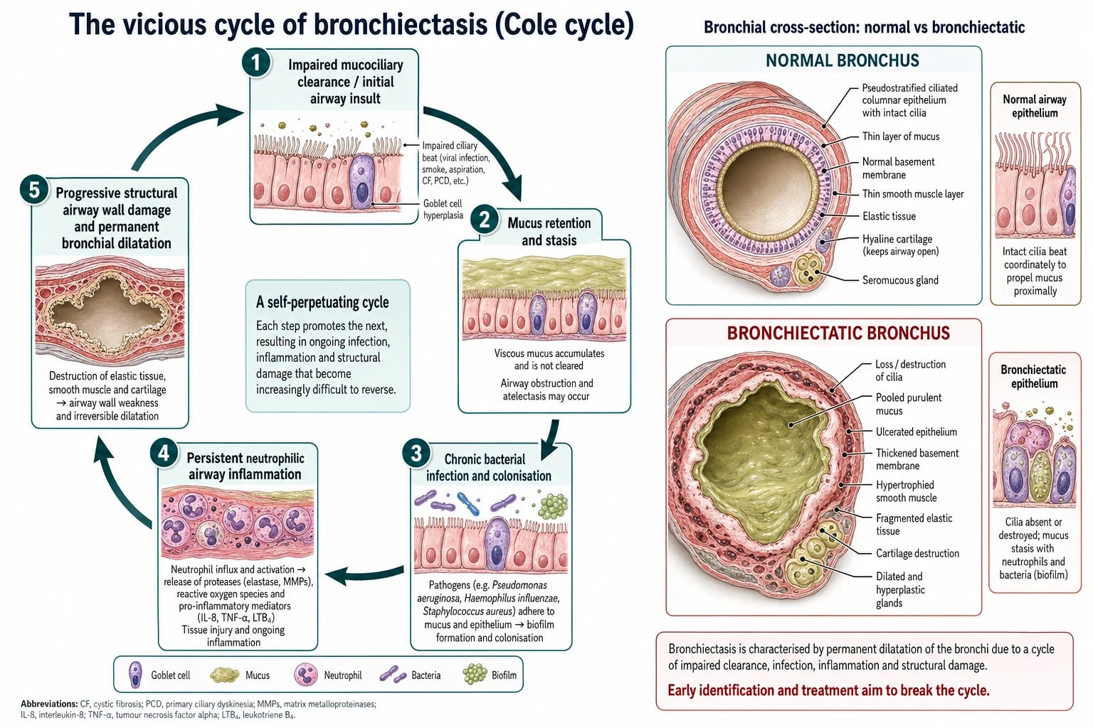 The vicious cycle of bronchiectasis showing impaired mucociliary clearance leading to mucus retention, chronic bacterial infection, neutrophilic airway inflammation, and progressive airway wall damage, with a comparison of a normal versus a bronchiectatic bronchus