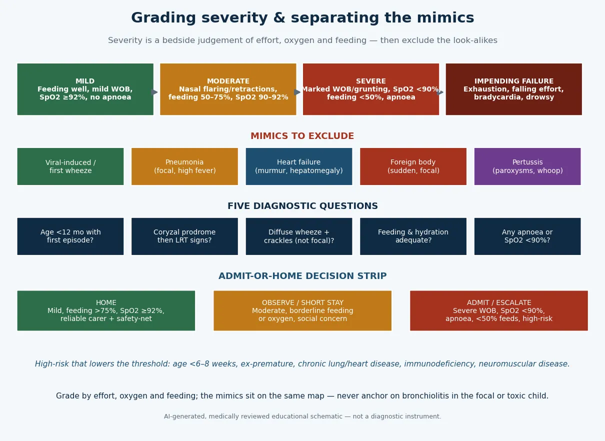 Educational schematic grading bronchiolitis severity from mild through impending respiratory failure by work of breathing, oxygenation and feeding, alongside mimics to exclude, five diagnostic questions and an admit-or-home decision strip