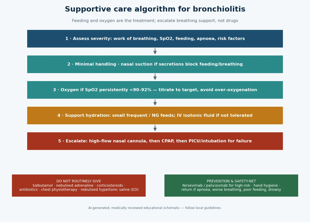 Educational management algorithm for bronchiolitis from severity assessment through minimal handling, targeted oxygen and feeding support to escalation with high-flow nasal cannula and CPAP, with a do-not-give panel and a prevention and safety-net panel