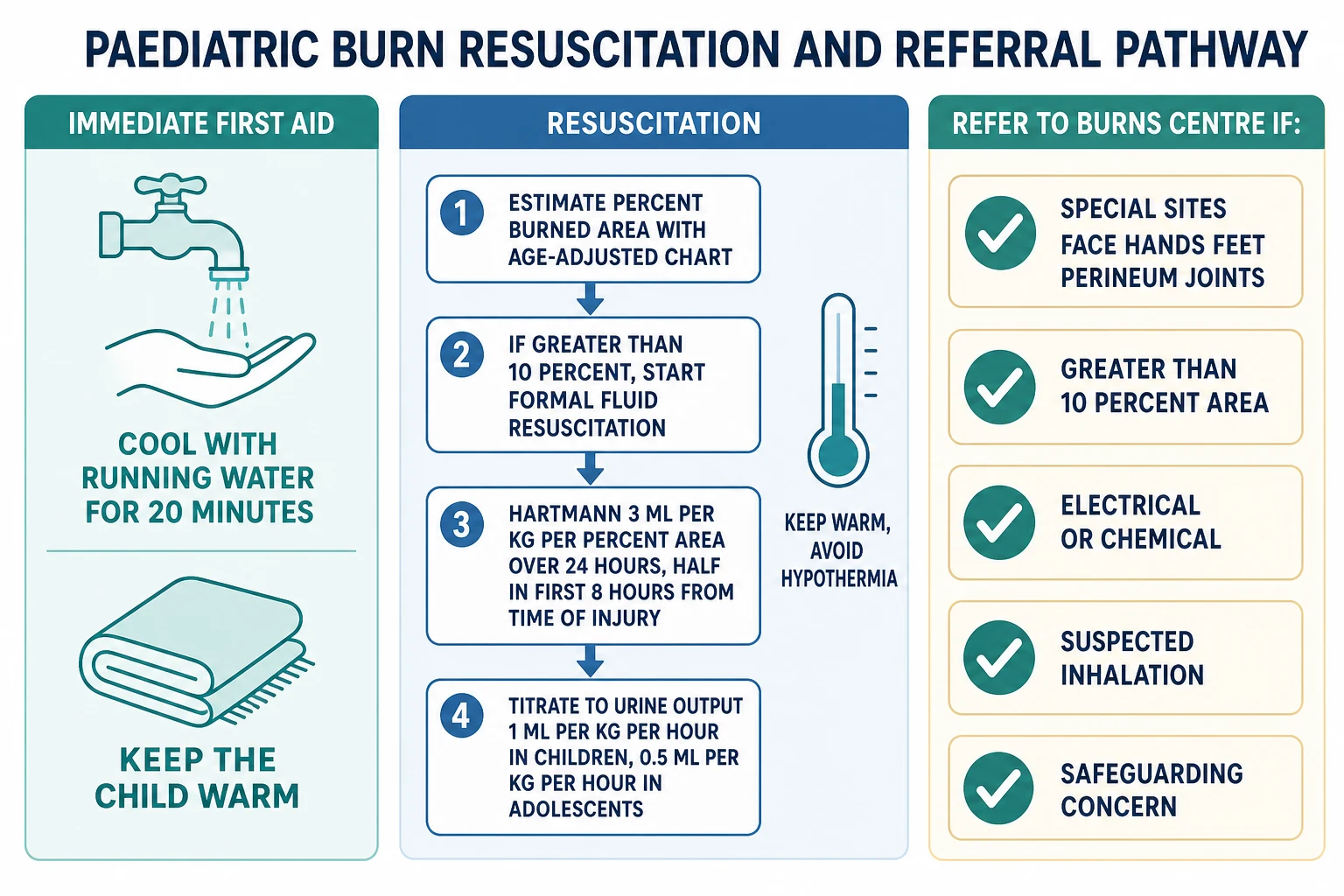 Reviewed educational schematic of a three-lane paediatric burn management pathway: the left lane for immediate first aid showing cool with running water for 20 minutes and keep the child warm; the middle lane for resuscitation showing estimate percent area with an age-adjusted chart, start formal fluid at greater than 10 percent, Hartmann 3 mL per kg per percent area over 24 hours with half in the first 8 hours from time of injury, and titrate to urine output of 1 mL per kg per hour in children and 0.5 mL per kg per hour in adolescents; and the right lane listing burns centre referral criteria for special sites, greater than 10 percent area, electrical or chemical, suspected inhalation, and safeguarding concern