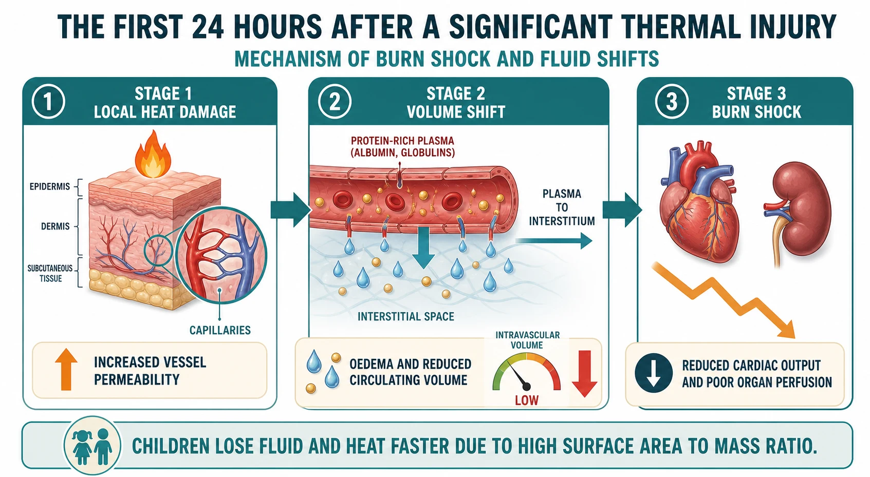 Reviewed educational schematic of the mechanism of burn shock over the first 24 hours shown as a three-stage left-to-right flow: stage 1 local heat damage with increased vessel permeability across skin layers, stage 2 volume shift of protein-rich plasma from the intravascular space to the interstitial space with oedema and reduced circulating volume, and stage 3 burn shock with reduced cardiac output and poor organ perfusion, with a bottom banner noting that children lose fluid and heat faster due to a high surface area to mass ratio