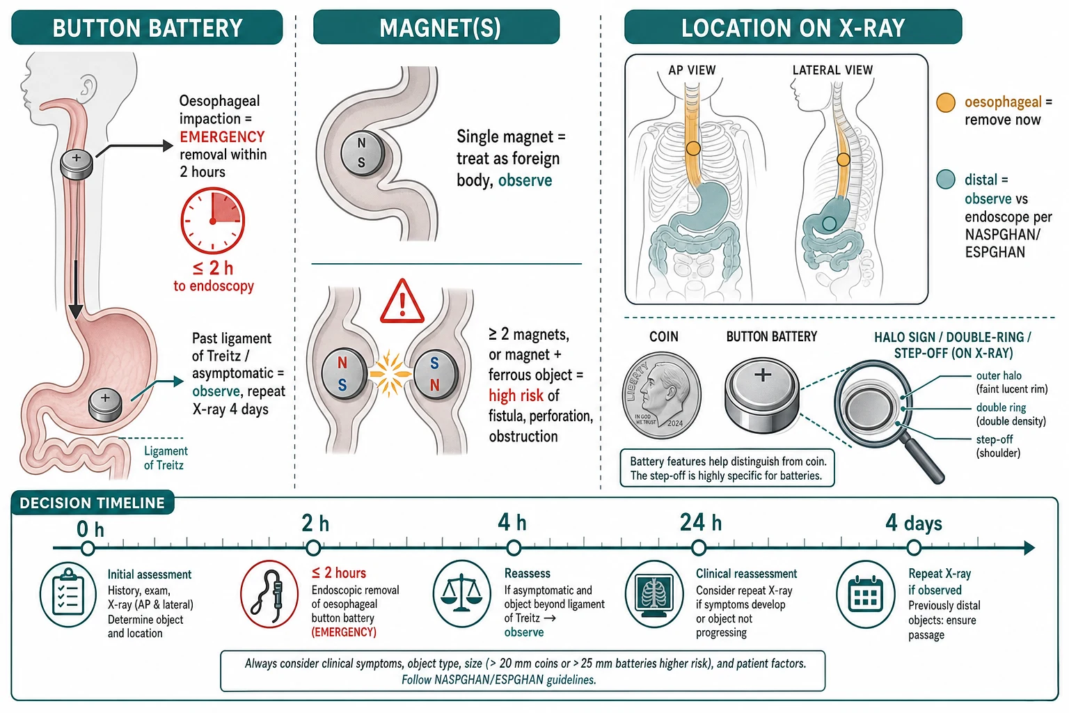 Reviewed educational schematic of ingestion triage in three columns: a button-battery column separating oesophageal impaction needing emergency removal within two hours from a distal asymptomatic battery observed with repeat X-ray at four days, a magnet column separating a single magnet observed from two or more magnets or a magnet plus ferrous object at high risk of fistula, perforation and obstruction, and an X-ray location column showing the halo, double-ring and step-off signs that distinguish a battery from a coin, with a decision timeline along the base