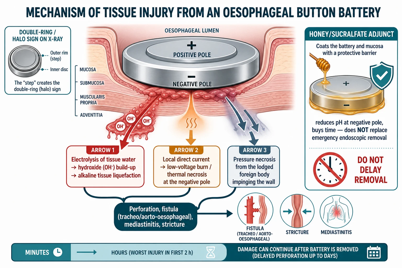 Reviewed educational schematic of button-battery tissue injury showing a battery cross-section with its negative pole facing the oesophageal wall, three injury arrows for electrolysis producing hydroxide and alkaline liquefaction, direct-current thermal necrosis, and pressure necrosis, downstream complications of perforation fistula mediastinitis and stricture, and a honey and sucralfate adjunct box that reduces pH at the negative pole as a bridge to removal